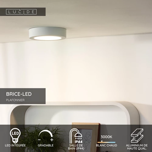 Lucide BRICE-LED - Plafonnier Salle de bains - Ø 18 cm - LED Dim. - 1x12W 3000K - IP44 - Blanc - USP
